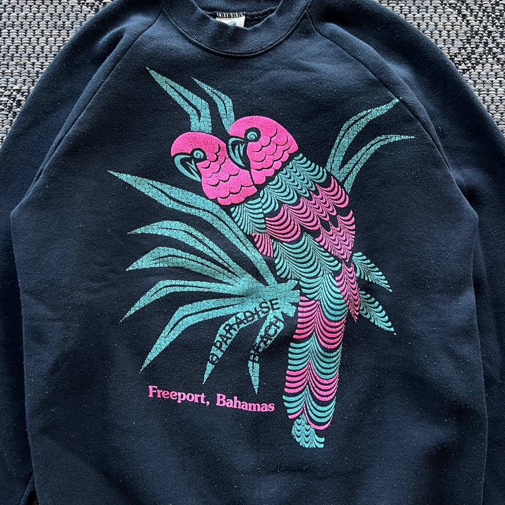 Vintage Nature Sweatshirt Mens Large Black Paradise Destination Bahamas Parrots - Picture 2 of 5